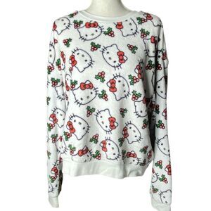 Sanario Hello Kitty Allover Cats White Red Bow Print Crewneck Sweatshirt Size XL